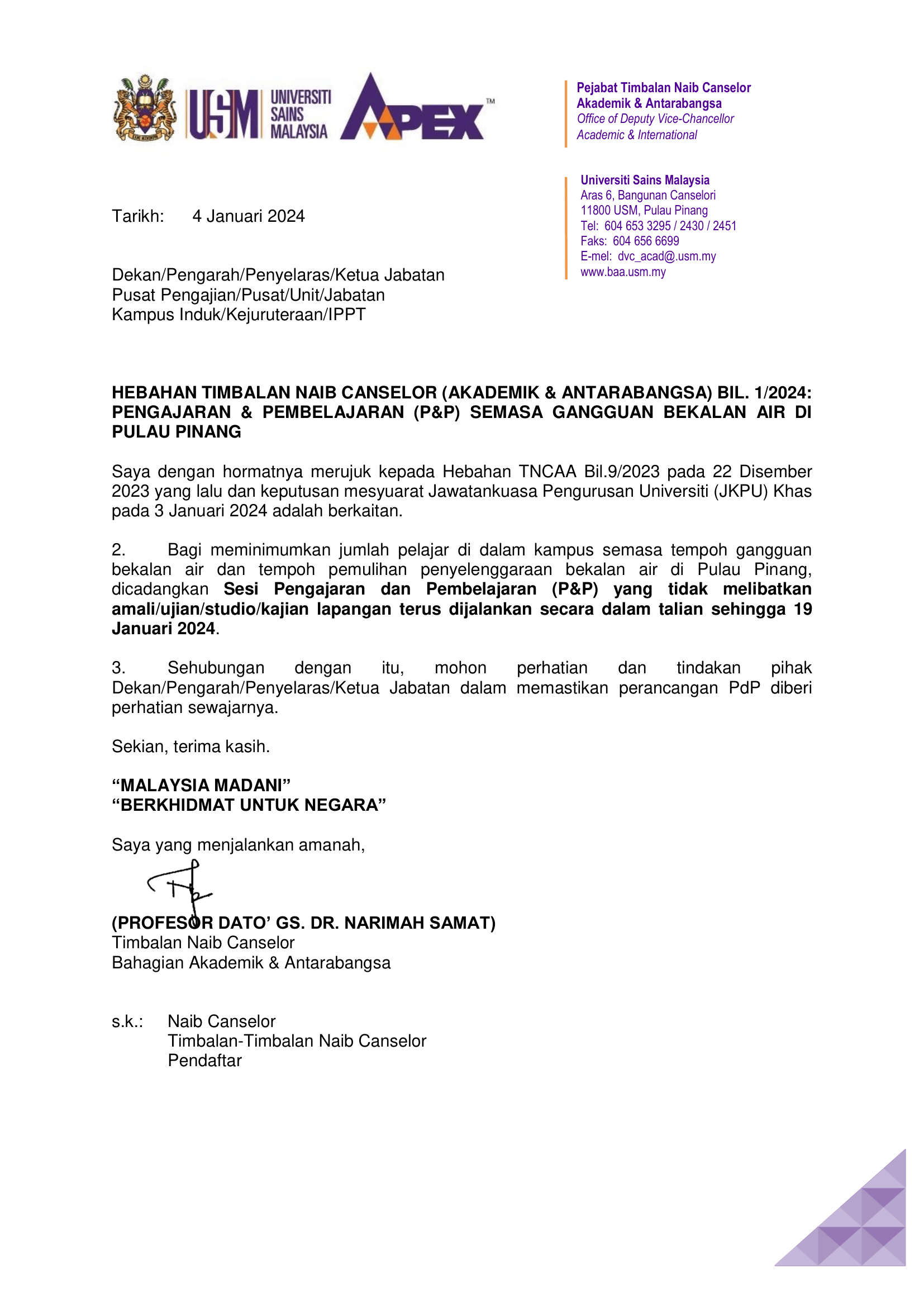 Hebahan TNCAA Bil. 1 2024 Gangguan Bekalan Air